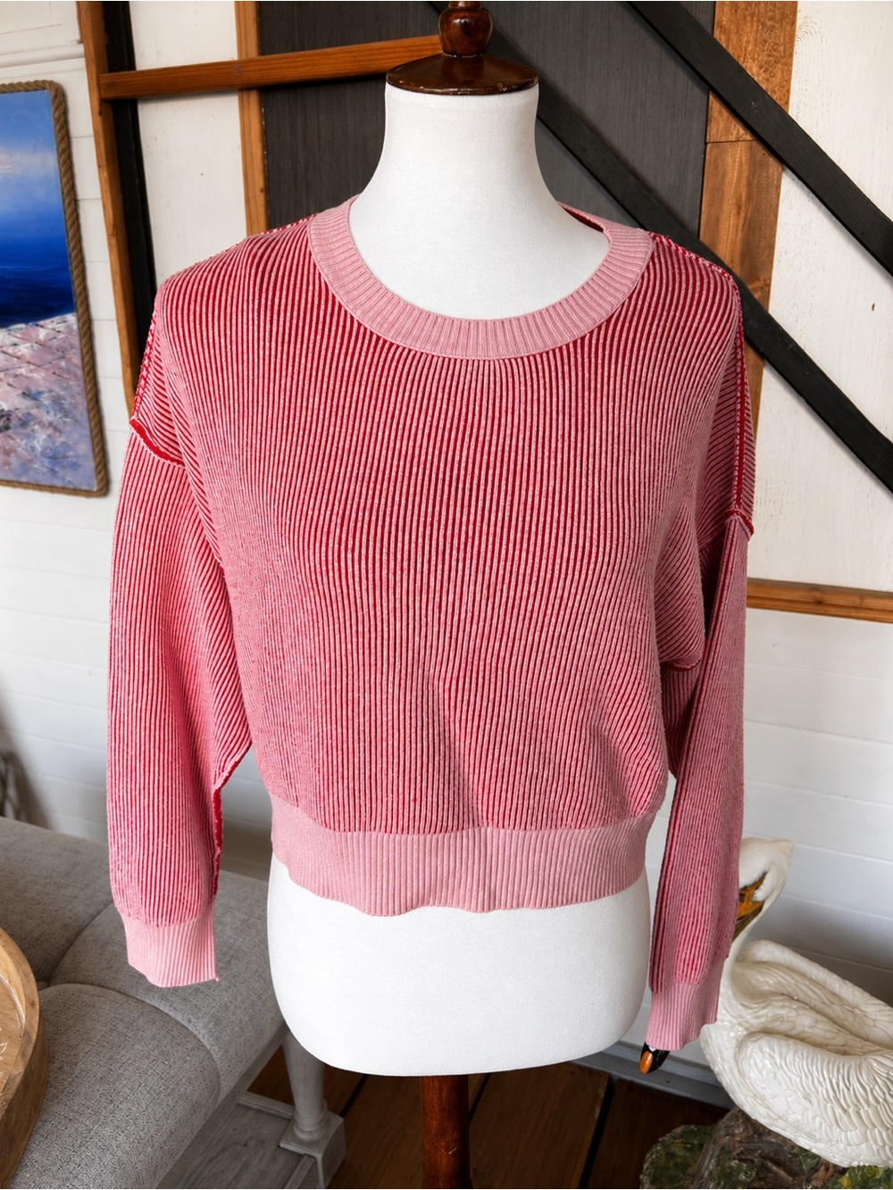 Altar’d State Ribbed Cropped Sweater Pink Red Colorblock XS crew neck